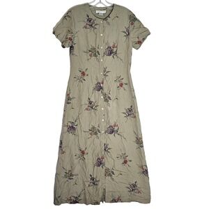 Casual Corner Dress Womens 6 Green Silk Floral Button Front Maxi Short Sleeve